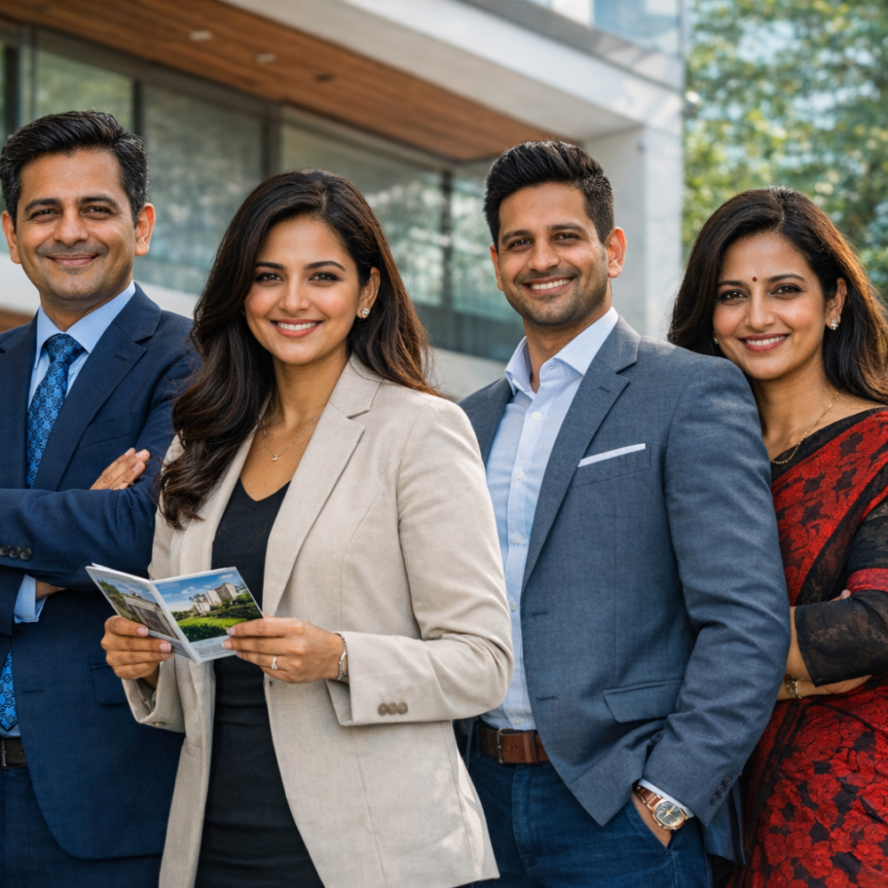 Real estate team in front of luxe home